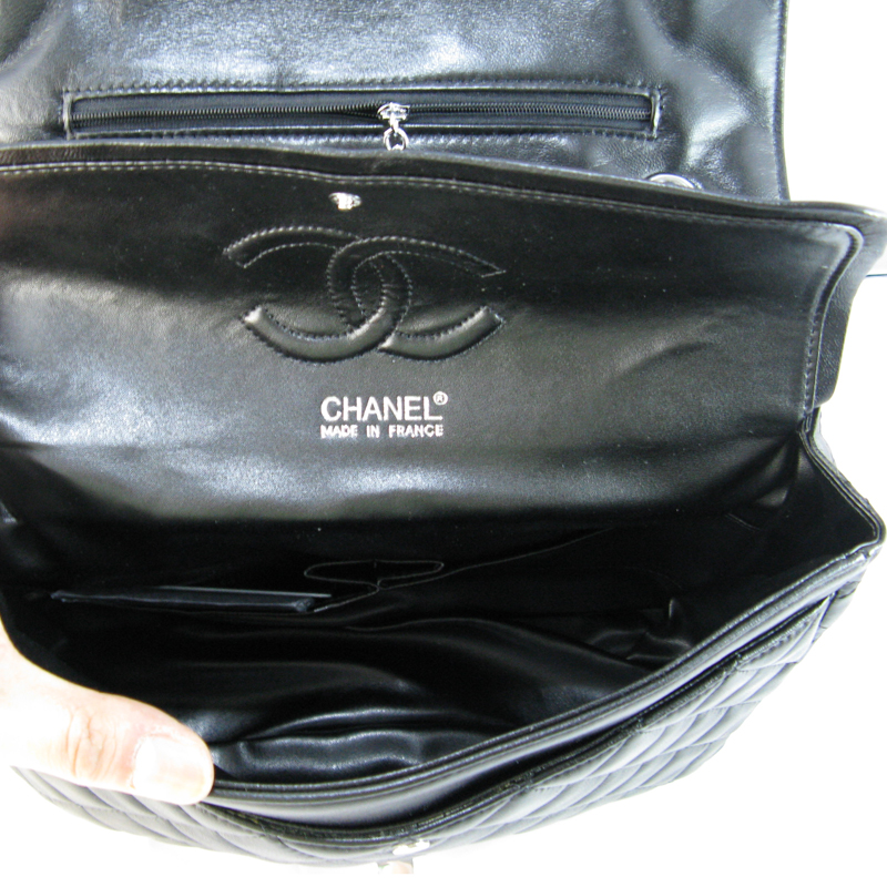 Chanel Black lambskin leather Flap Bag with Silver chain