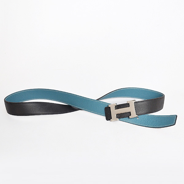 Hermes belt leather in Black/Medium Blue with H Silver Buckle