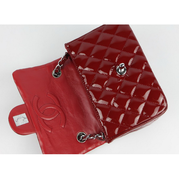 Chanel Flap Bag Maroon Patent Leather with Silver Chain 1115