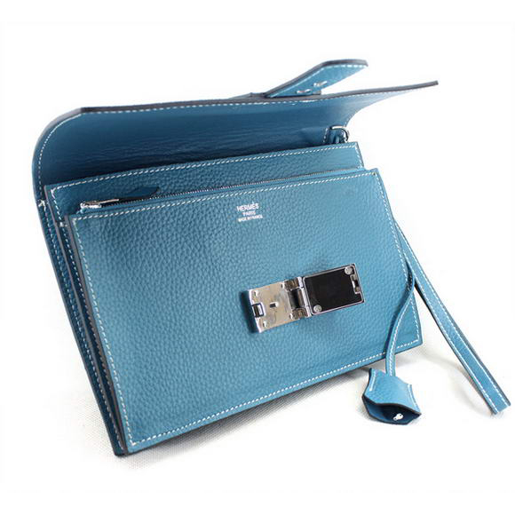 Hermes Jet Pochette Clutch Bag Clemence Leather Blue