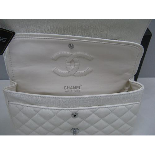 Chanel Caviar leather White Flap bag with Silver chain