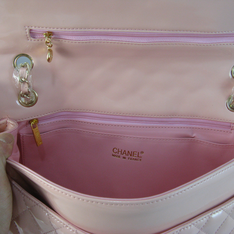 Chanel Pink Patent leather Flap Bag with Gold chain