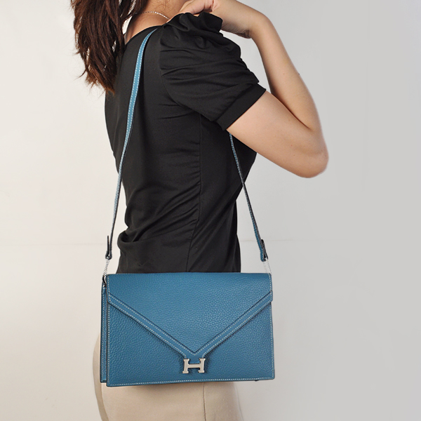 Hermes Liddy Bag clemence leather in Medium Blue with Silver hardware