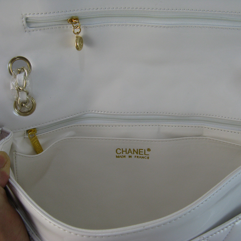 Chanel White Patent leather Flap Bag with Gold chain