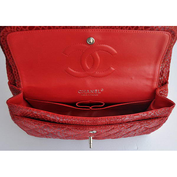 Chanel Red Snakeskin Leather Flap Bag Silver Hardware